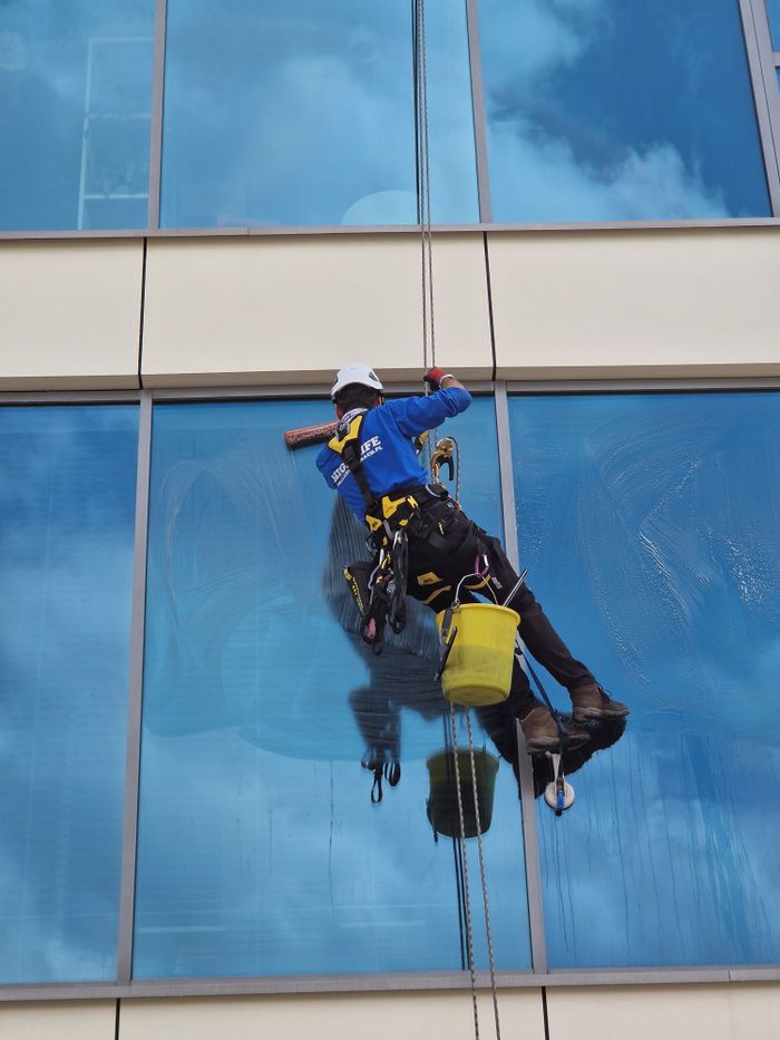 Worker cleaning skyscraper windows with safety gear and equipment.